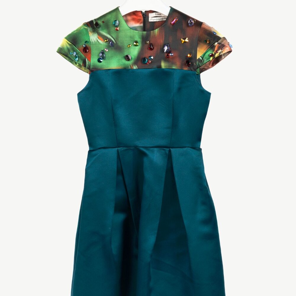 Erdem Teal Silk Satin Embellished-Yoke Pleated Dress